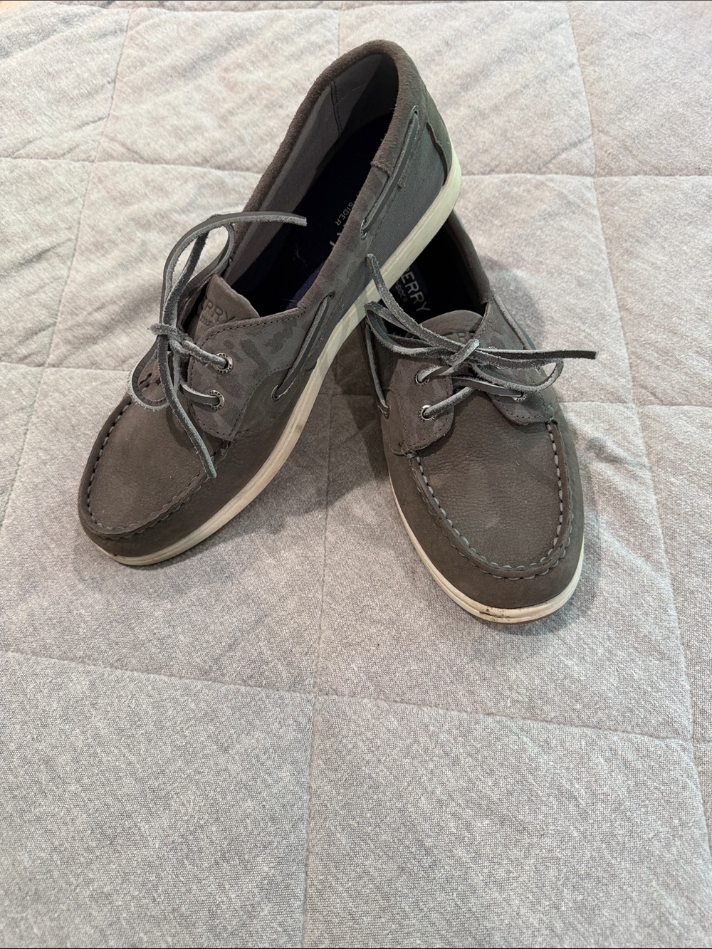 Sperry Men's Dark Gray Suede Boat Shoes with White Sole